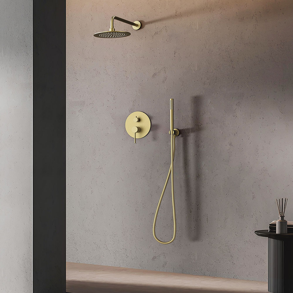 Kibath Grifo Empotrado de Ducha equipo de pared monomando redondo acabado ORO CEPILLADO ORO mate fabricado en latón - Imagen 2