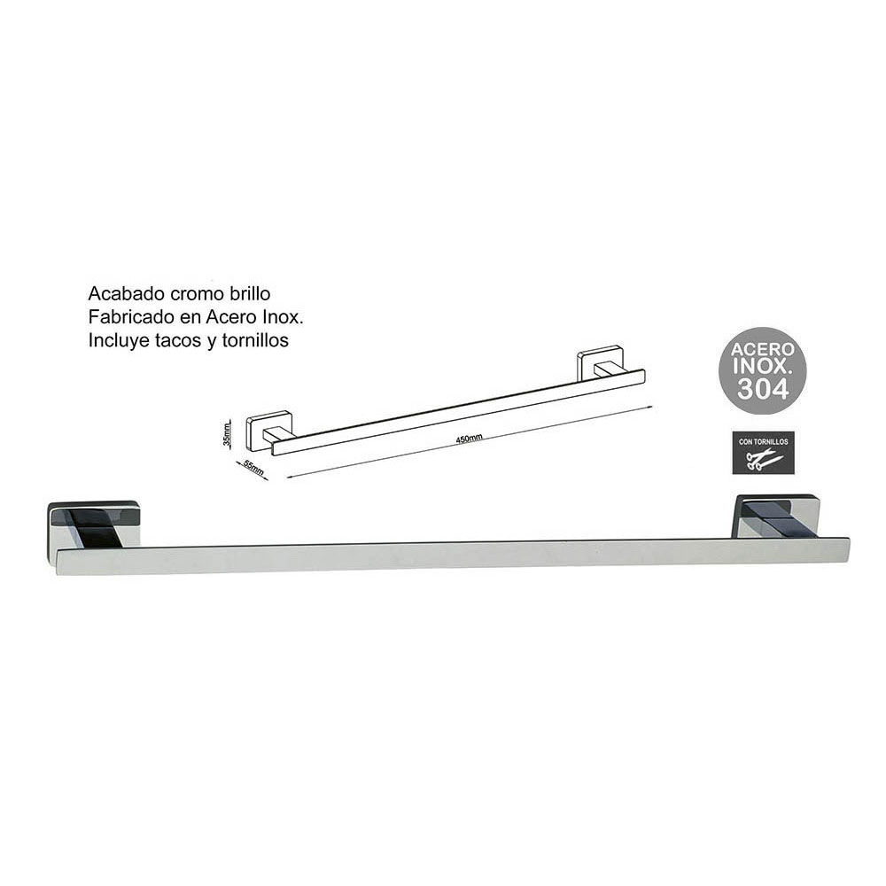 Kibath Toallero SIERRA 45 cm de barra acabado cromo brillo fabricado en acero inoxidable - Imagen 2