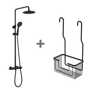 Kibath Pack Columna ducha termostática redonda 85-115 cm cromo brillo + Cesta portageles SOL rectangular para colgar en grifería