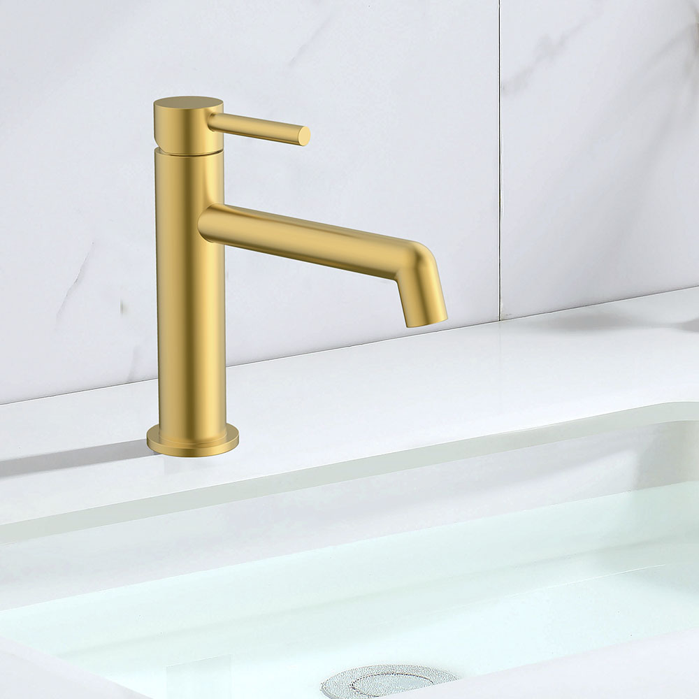 Kibath Pack columna y grifo Lavabo monomando ORO acabado oro cepillado fabricado en latón - Imagen 3