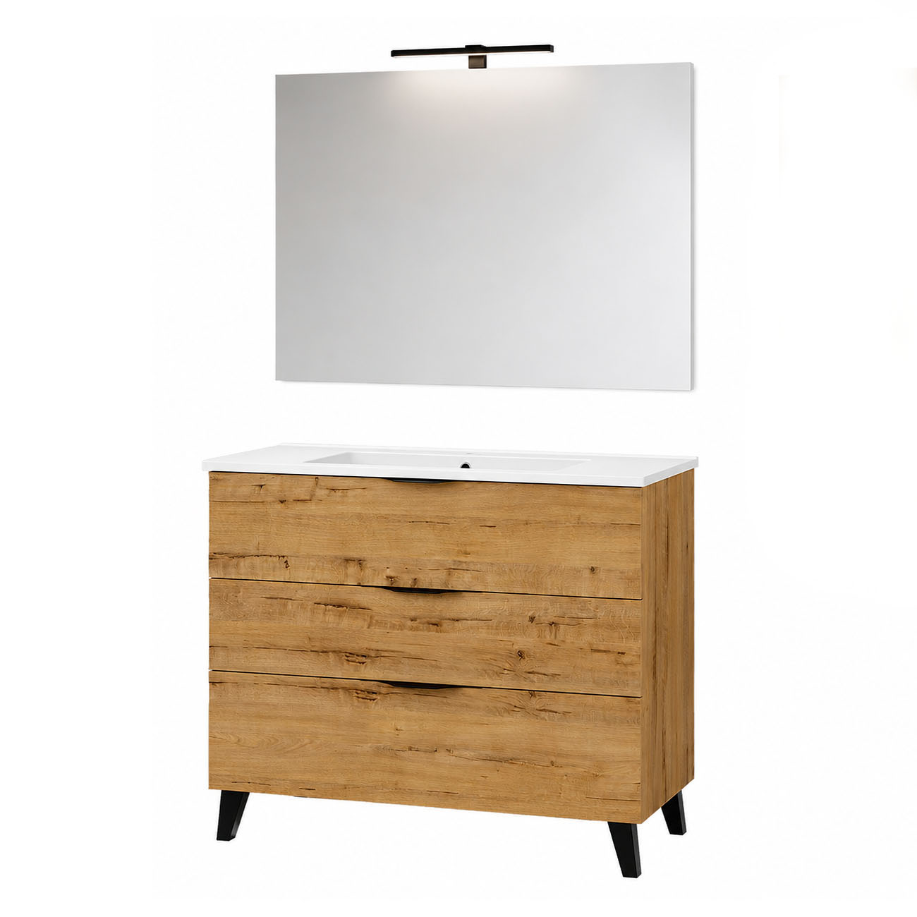 Kibath Mueble de baño con Lavabo, Espejo y Aplique LED, mod. MUN 80×45 cm acabado Roble Ostippo mate 3 cajones con patas