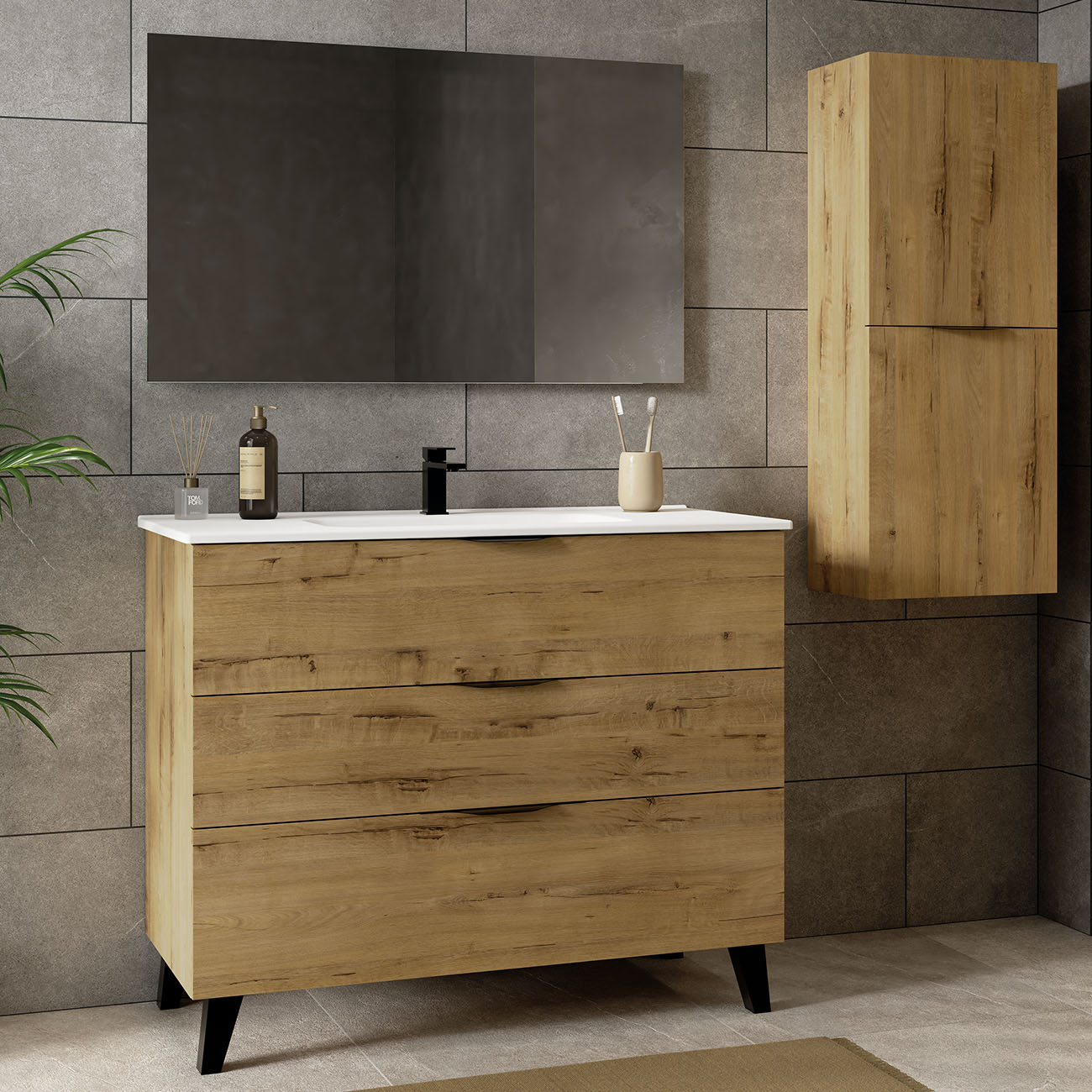 Kibath Mueble de baño con Lavabo, Espejo y Aplique LED, mod. MUN 80x45 cm acabado Roble Ostippo mate 3 cajones con patas - Imagen 2