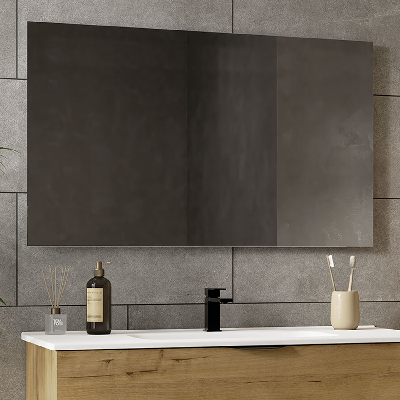 Kibath Mueble de baño con Lavabo, Espejo y Aplique LED, mod. MUN 80x45 cm acabado Roble Ostippo mate 3 cajones con patas - Imagen 3