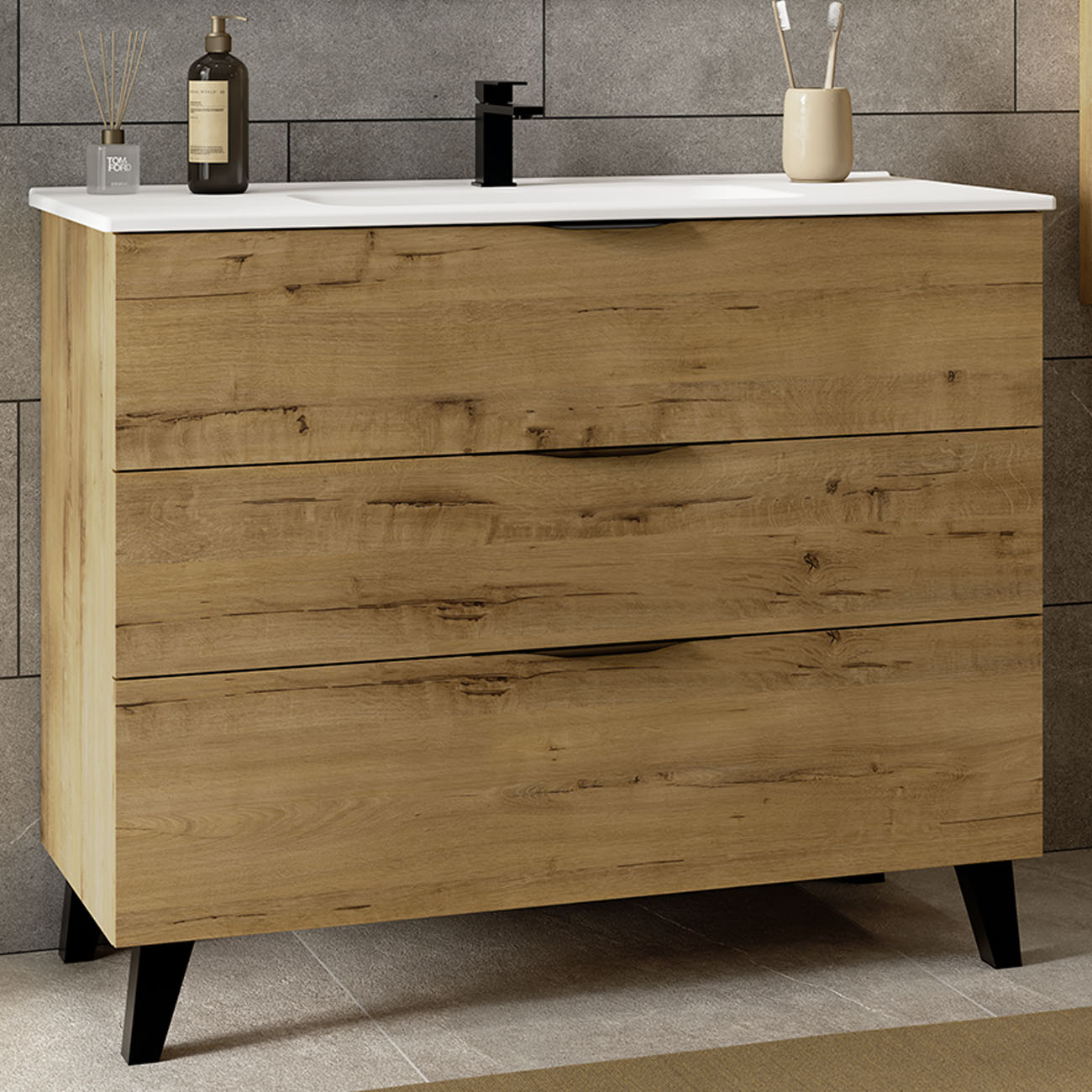 Kibath Mueble de baño con Lavabo, Espejo y Aplique LED, mod. MUN 80x45 cm acabado Roble Ostippo mate 3 cajones con patas - Imagen 4