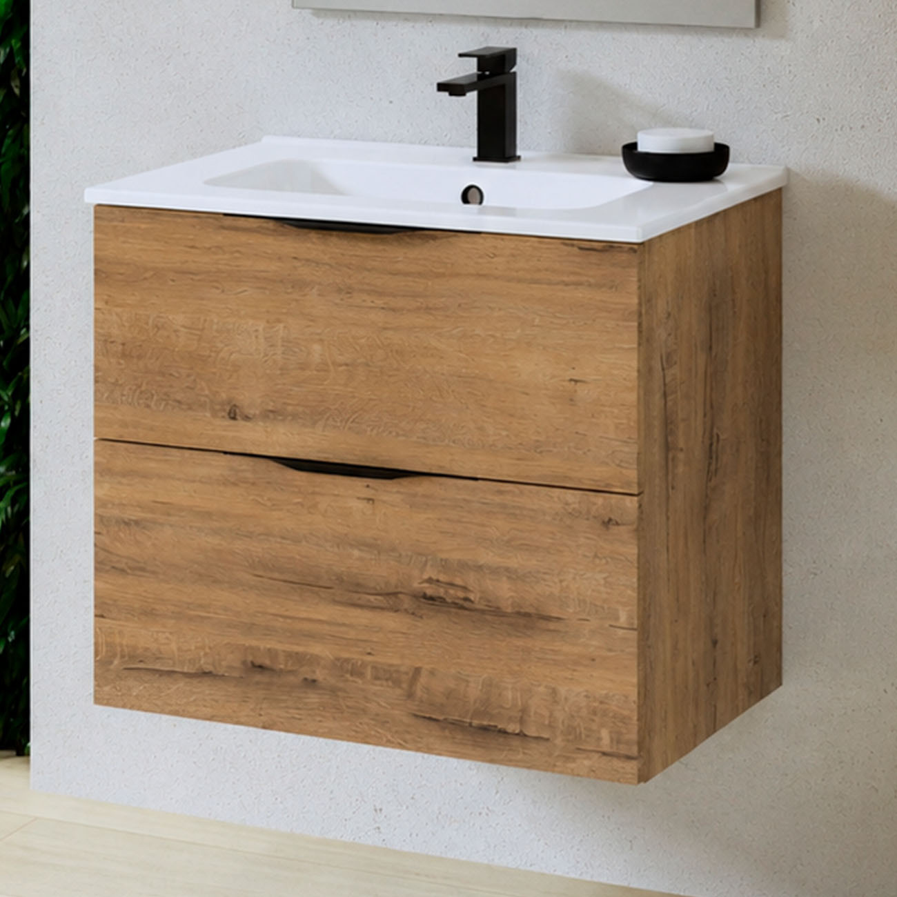 Kibath Mueble de baño con Lavabo, mod. MUN 60x45 cm acabado Roble Ostippo mate 2 cajones suspendido - Imagen 2