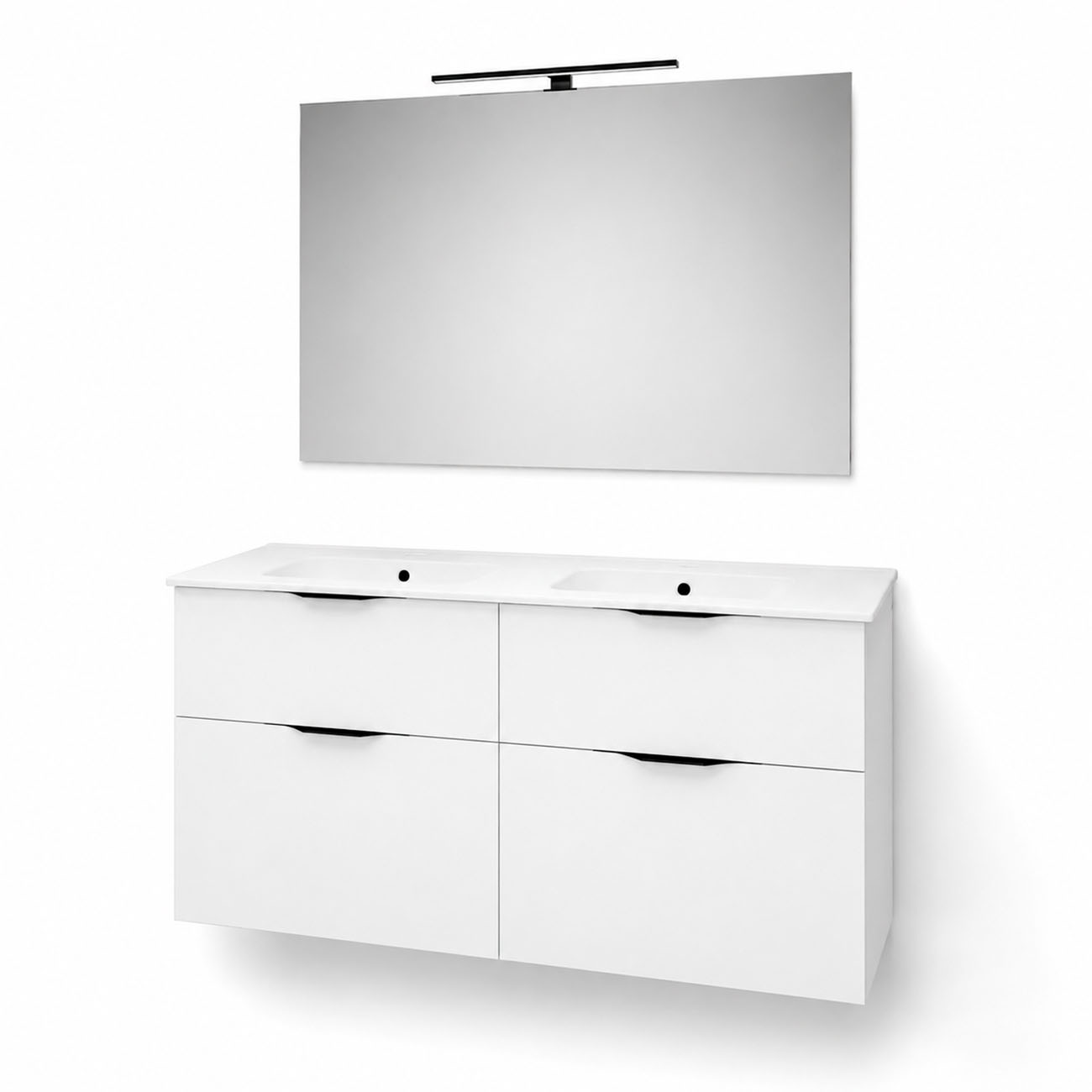 Kibath Mueble de baño con Lavabo, Espejo y Aplique LED, mod. MUN 120×45 cm acabado Blanco mate 2 cajones suspendido
