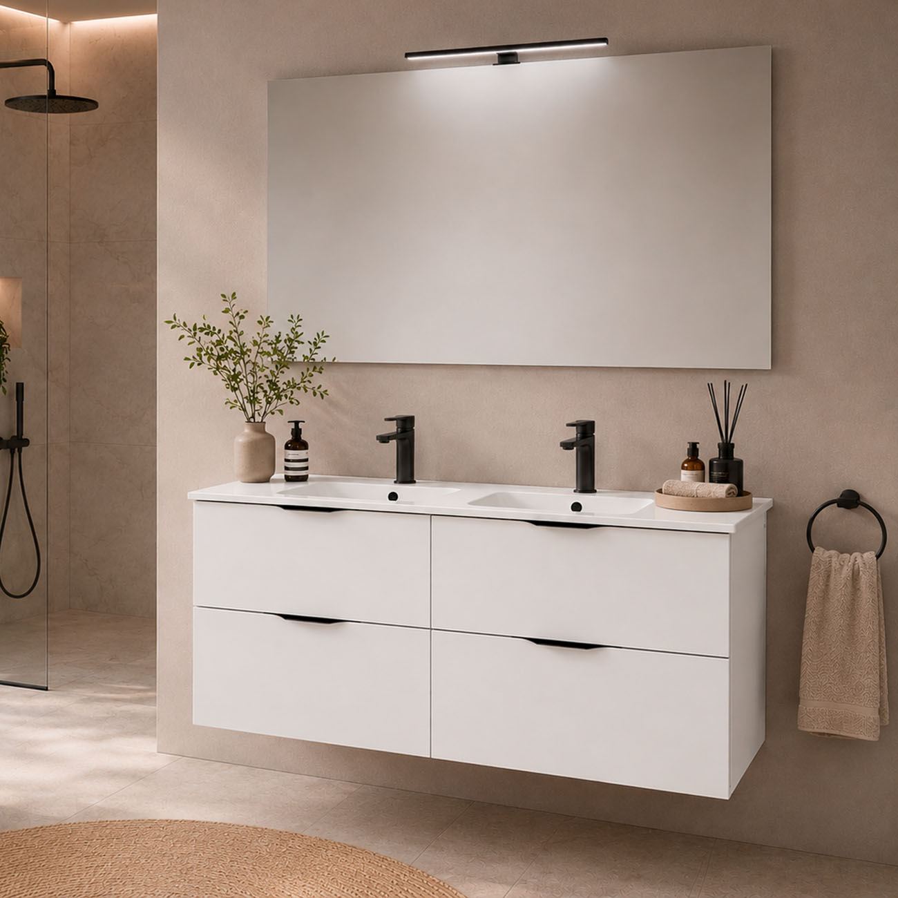 Kibath Mueble de baño con Lavabo, Espejo y Aplique LED, mod. MUN 120x45 cm acabado Blanco mate 2 cajones suspendido - Imagen 2