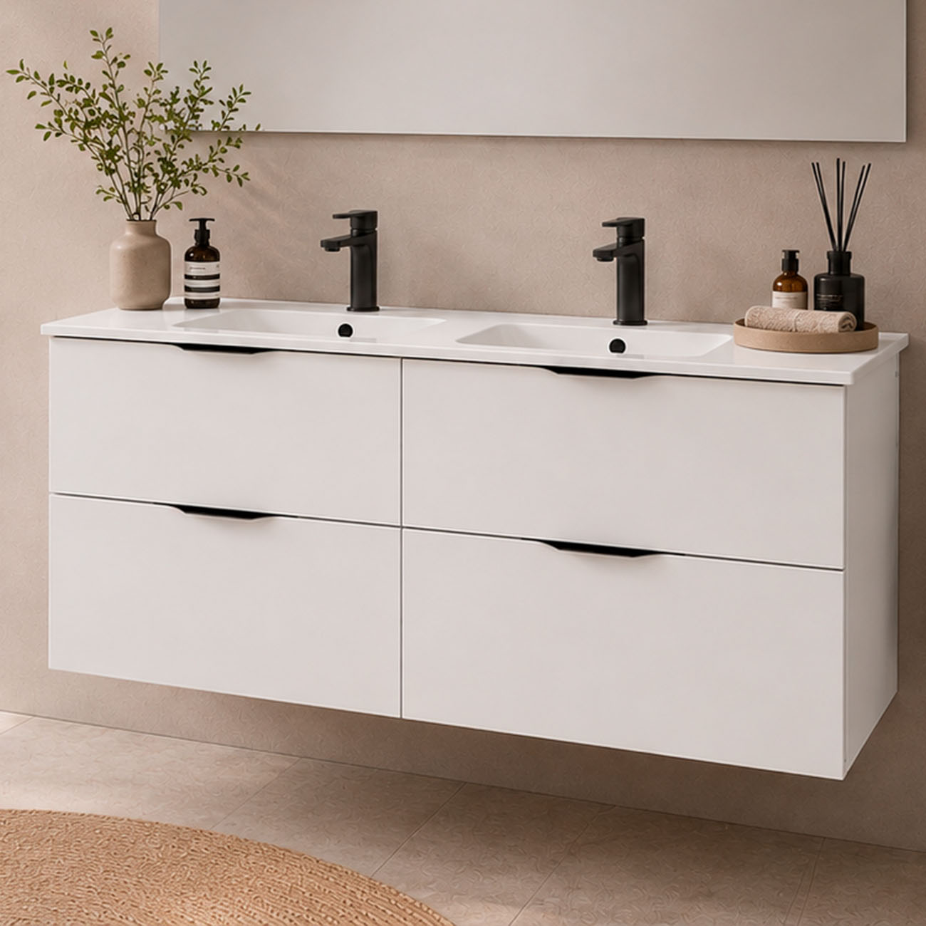 Kibath Mueble de baño con Lavabo, Espejo y Aplique LED, mod. MUN 120x45 cm acabado Blanco mate 2 cajones suspendido - Imagen 3