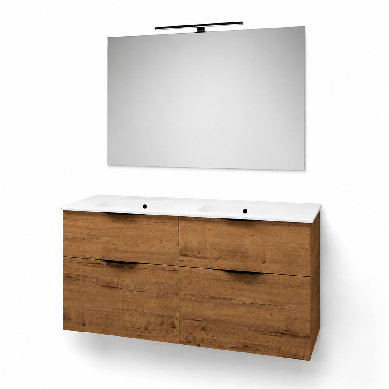 Kibath Mueble de baño con Lavabo, Espejo y Aplique LED, mod. MUN 120×45 cm acabado Roble Ostippo mate 2 cajones suspendido