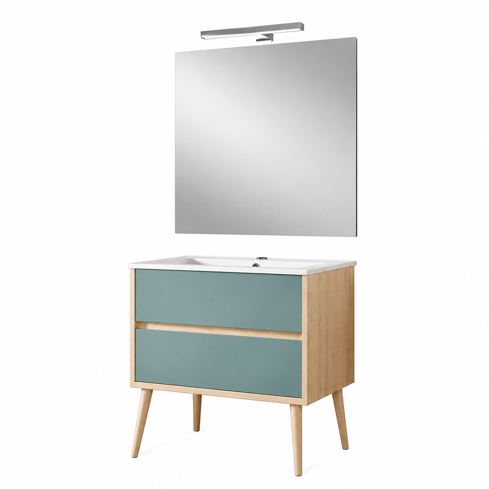 Kibath Mueble de baño con Lavabo, Espejo y Aplique LED, mod. NORUEGA 70×45 cm acabado Roble Y Verde mate 2 cajones suspendido