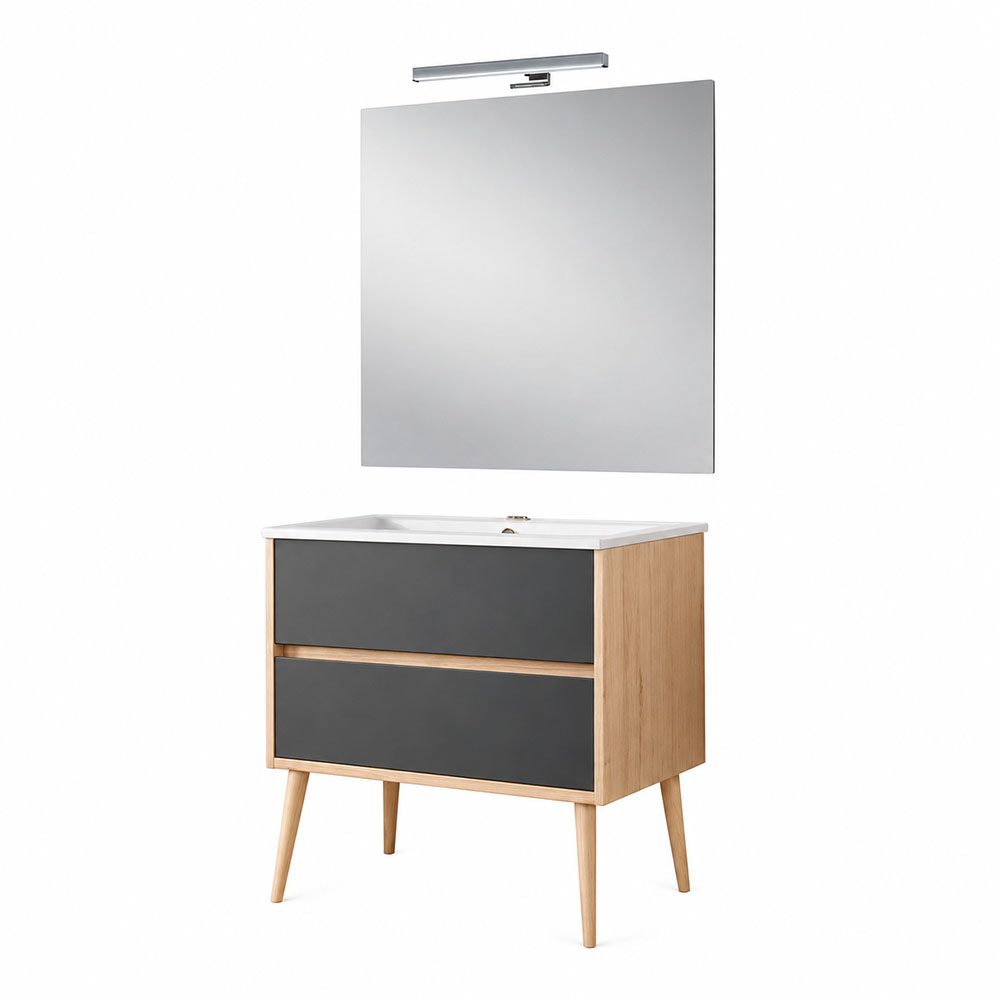 Kibath Mueble de baño con Lavabo, Espejo y Aplique LED, mod. NORUEGA 80×45 cm acabado Roble Y Grafito mate 2 cajones suspendido