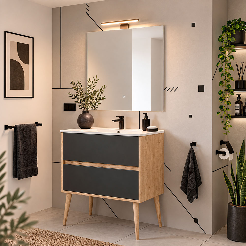Kibath Mueble de baño con Lavabo, Espejo y Aplique LED, mod. NORUEGA 80x45 cm acabado Roble Y Grafito mate 2 cajones suspendido - Imagen 2