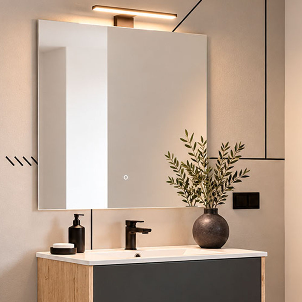 Kibath Mueble de baño con Lavabo, Espejo y Aplique LED, mod. NORUEGA 80x45 cm acabado Roble Y Grafito mate 2 cajones suspendido - Imagen 3