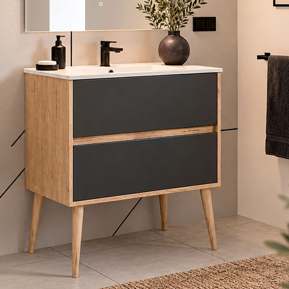 Kibath Mueble de baño con Lavabo, Espejo y Aplique LED, mod. NORUEGA 80x45 cm acabado Roble Y Grafito mate 2 cajones suspendido - Imagen 4