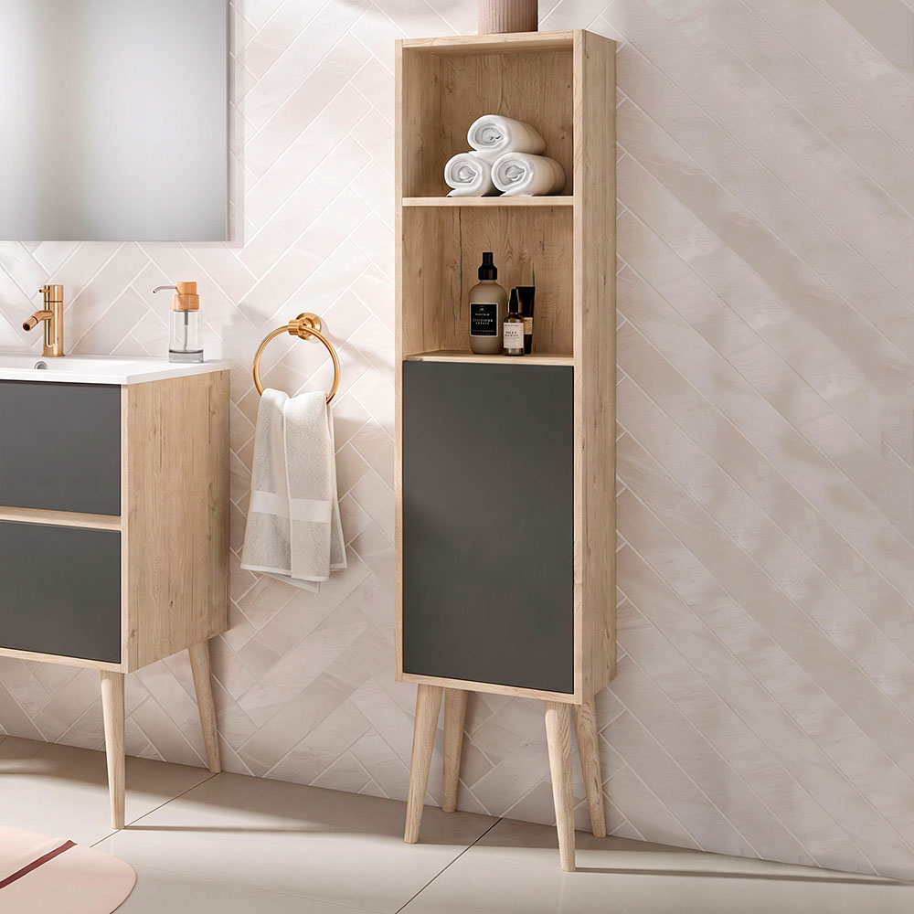 Kibath Mueble auxiliar de baño, mod. NORUEGA 35x32 cm acabado Roble Y Grafito mate de colgar - Imagen 2