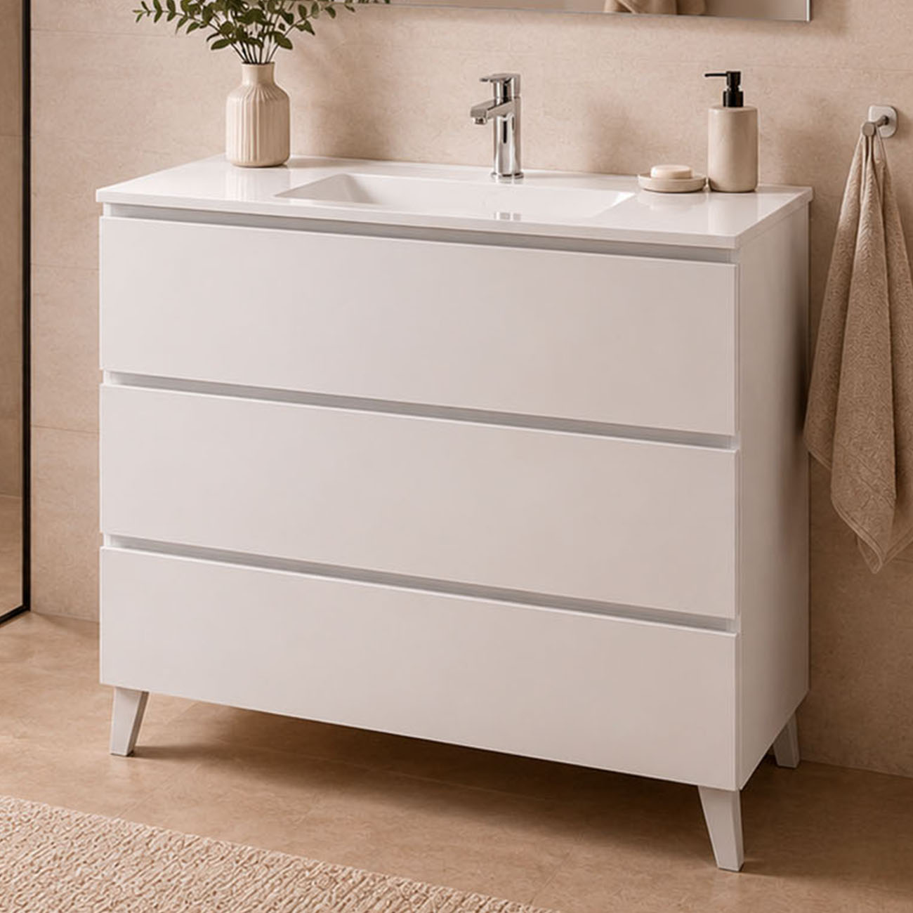 Kibath Mueble de baño con Lavabo, mod. TUCAN 100x45 cm acabado Blanco mate 3 cajones con patas - Imagen 2