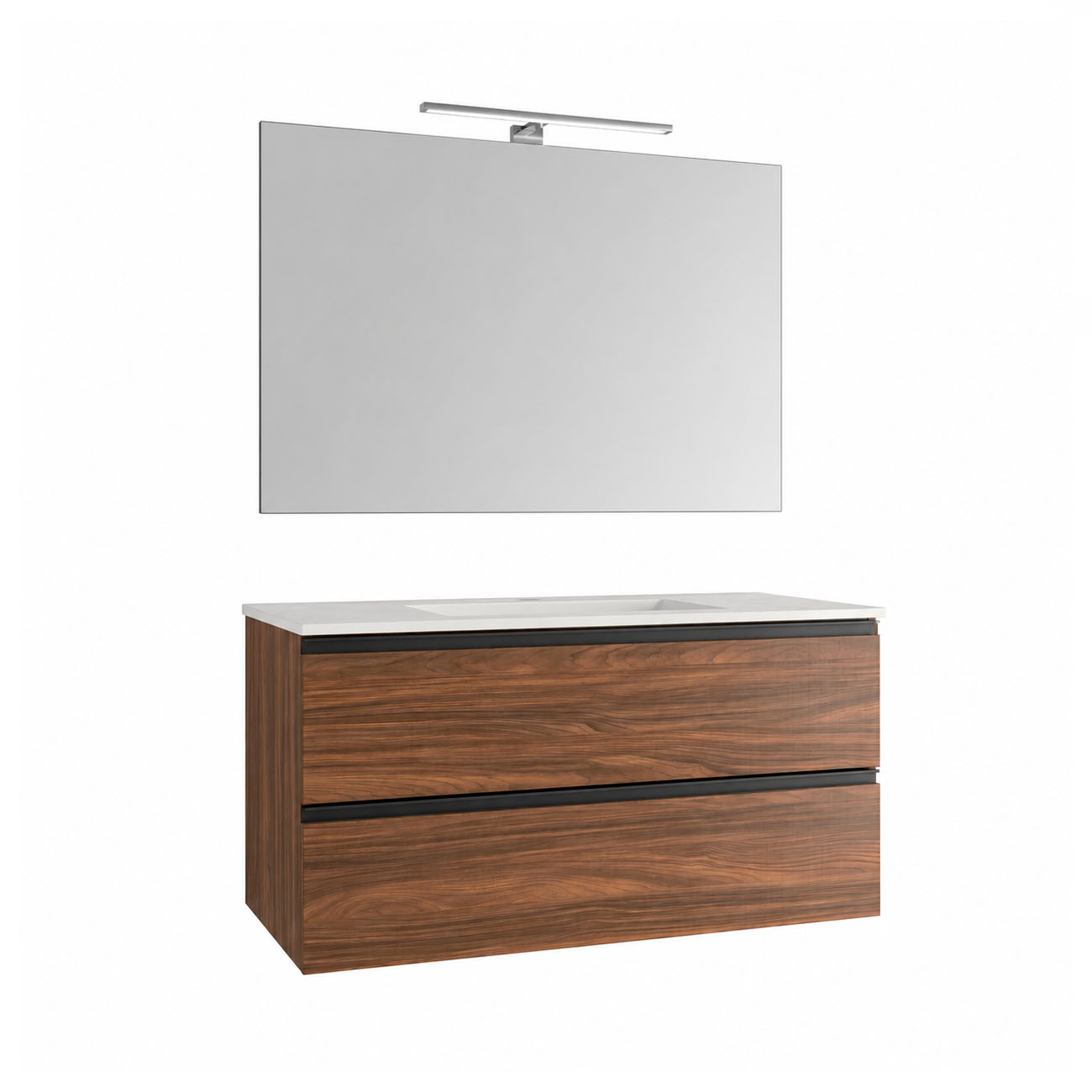Kibath Mueble de baño con Lavabo, Espejo y Aplique LED, mod. TUCAN 100×45 cm acabado Valenti mate 2 cajones suspendido