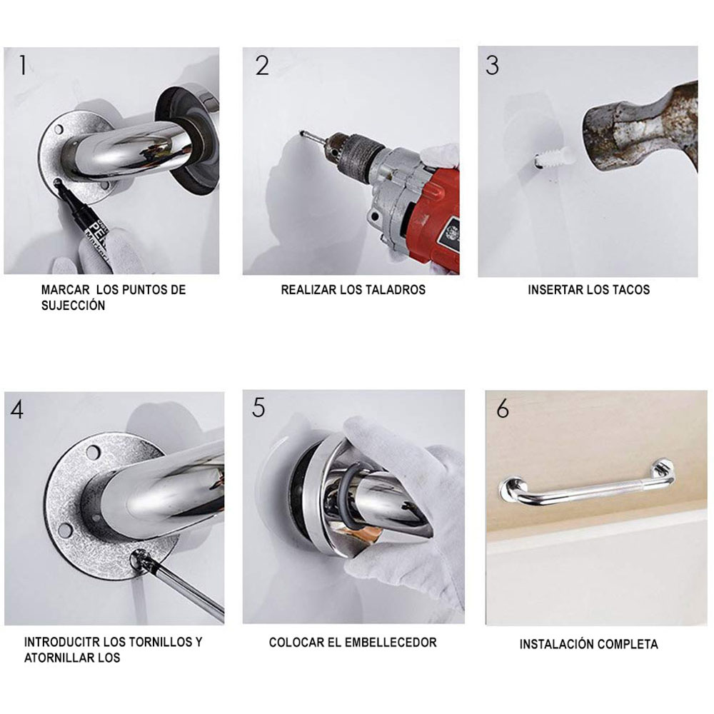 Kibath Barra de Apoyo Baño antideslizante 40 cm acero inoxidable blanco Asa Seguridad Ducha para Mayores, discapacidad y Embarazo - Imagen 6