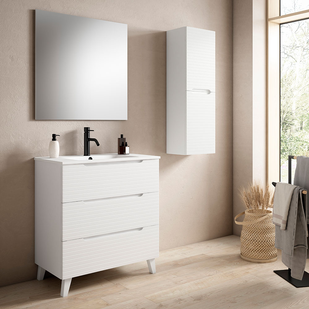 Mueble de baño con Lavabo, Espejo y Aplique LED, mod. BOREAL 100×45 cm  acabado Blanco mate 3 cajones con patas