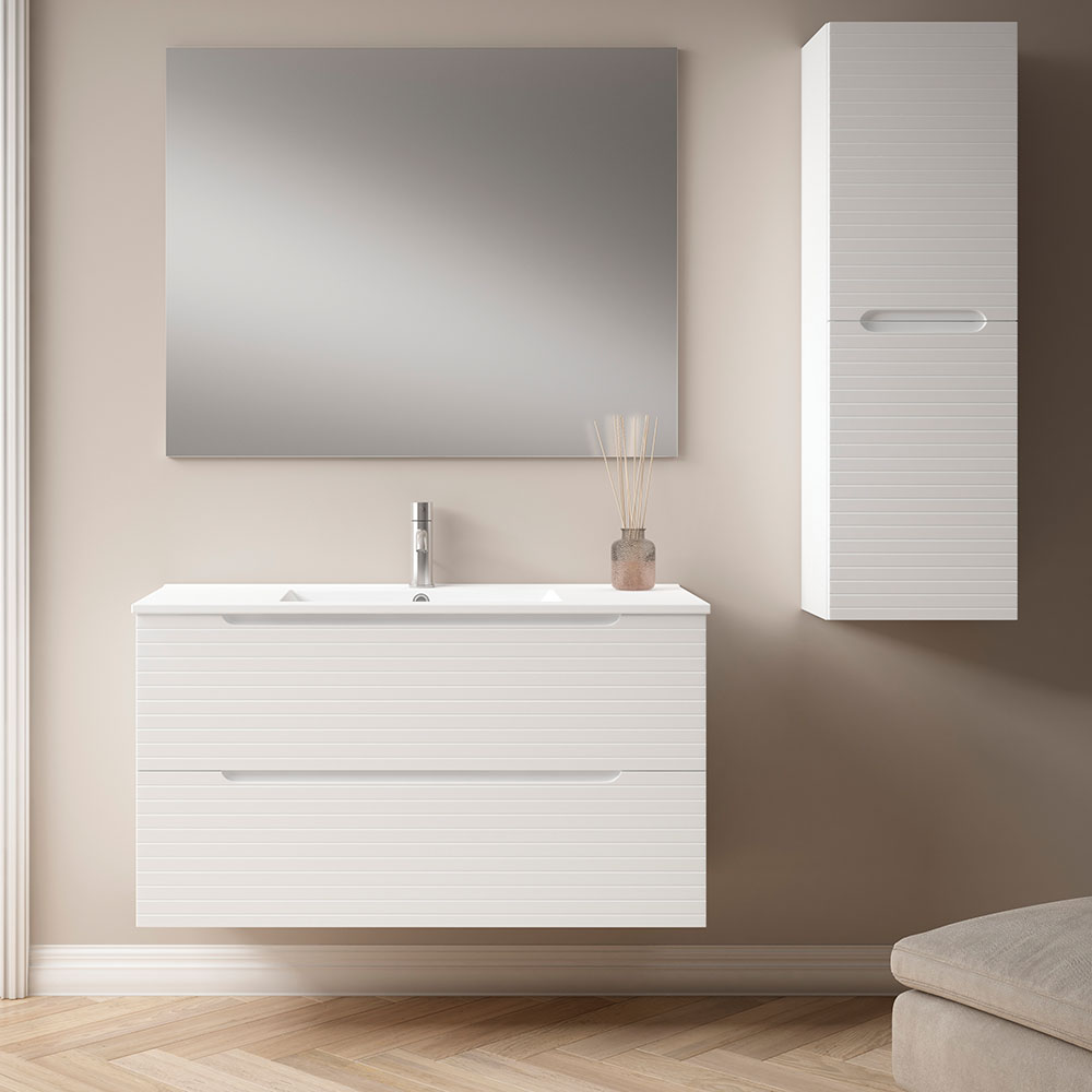 Mueble de baño con Lavabo, Espejo y Aplique LED, mod. BOREAL 120×45 cm  acabado Blanco mate 2 cajones suspendido