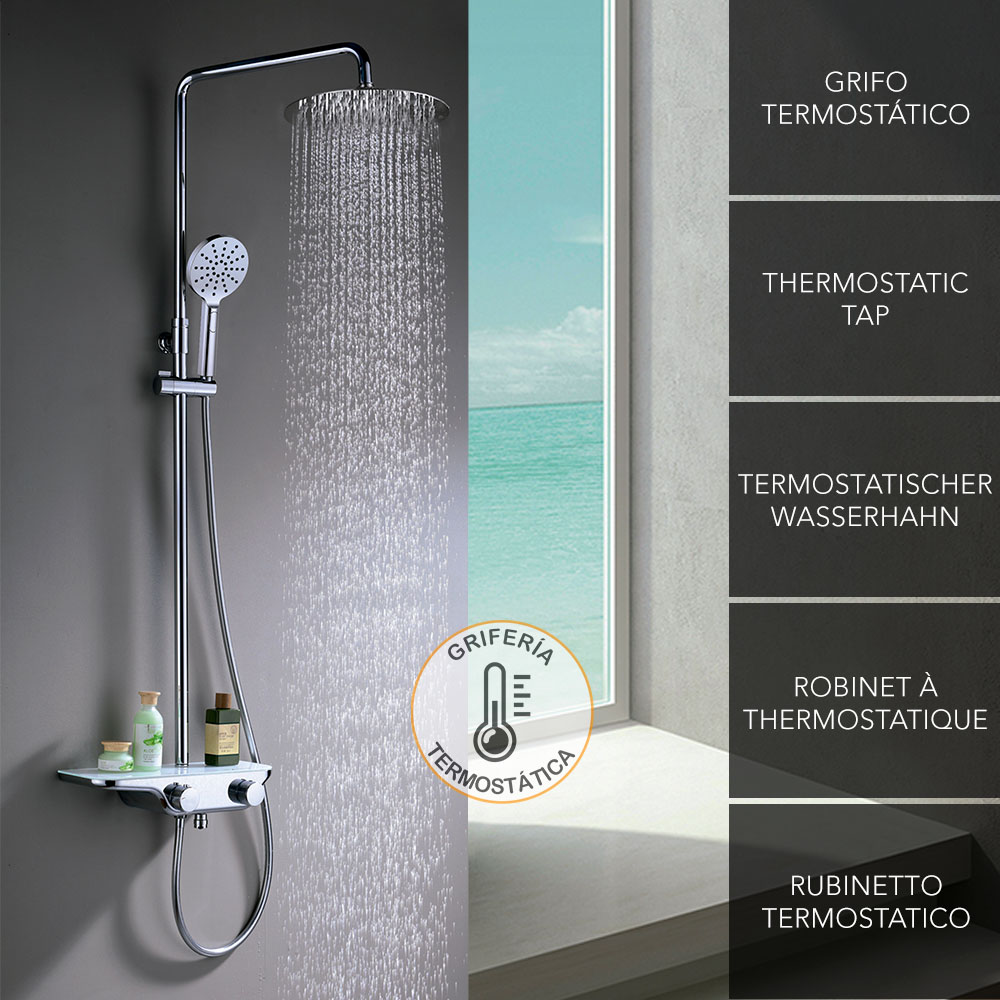 Kibath Columna de ducha termostática FER para ducha y bañera con grifo  termostático con repisa de cristal. Tubo extensible de 90 a 124cm. Rociador  superior y ducha de mano redondos. Recambios garantizados –