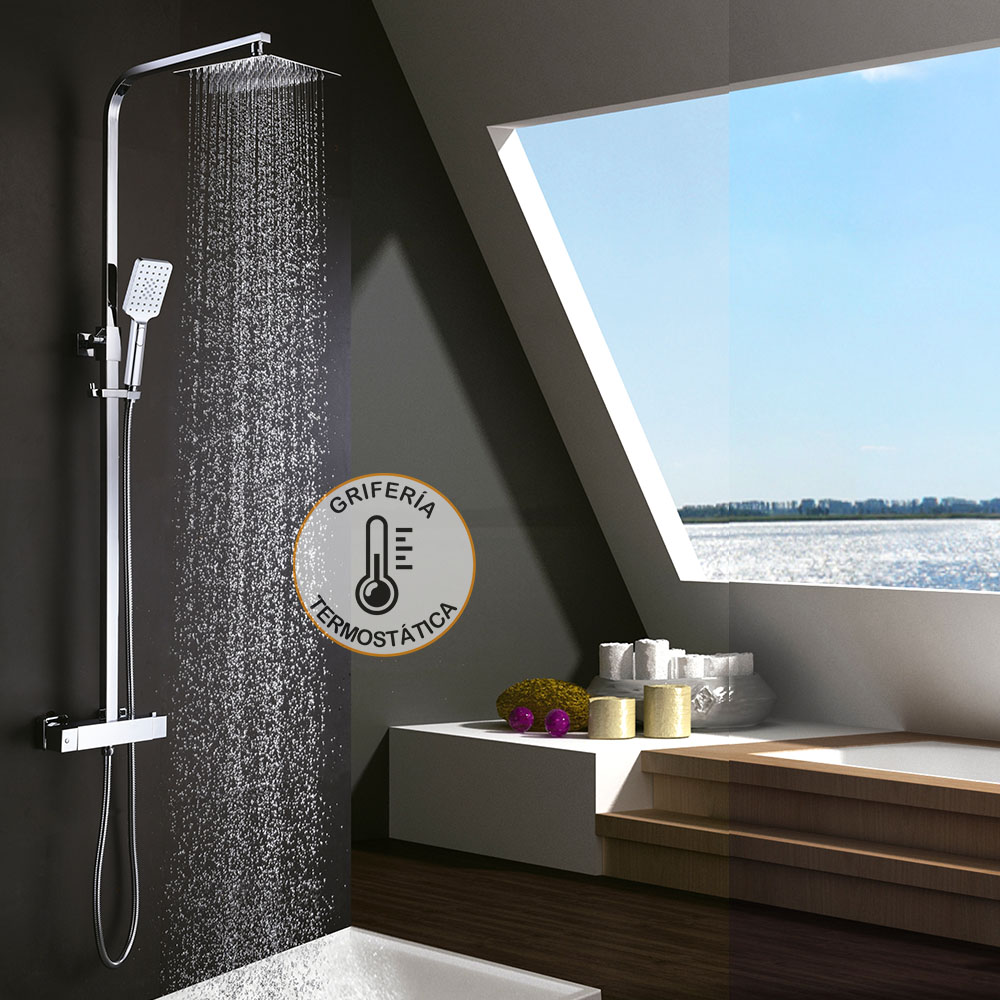 Columna de ducha con tubo redondo extensible de 80 a 120 cm. y grifería  termostática con desviador integrado. Incluye ducha de mano y rociador