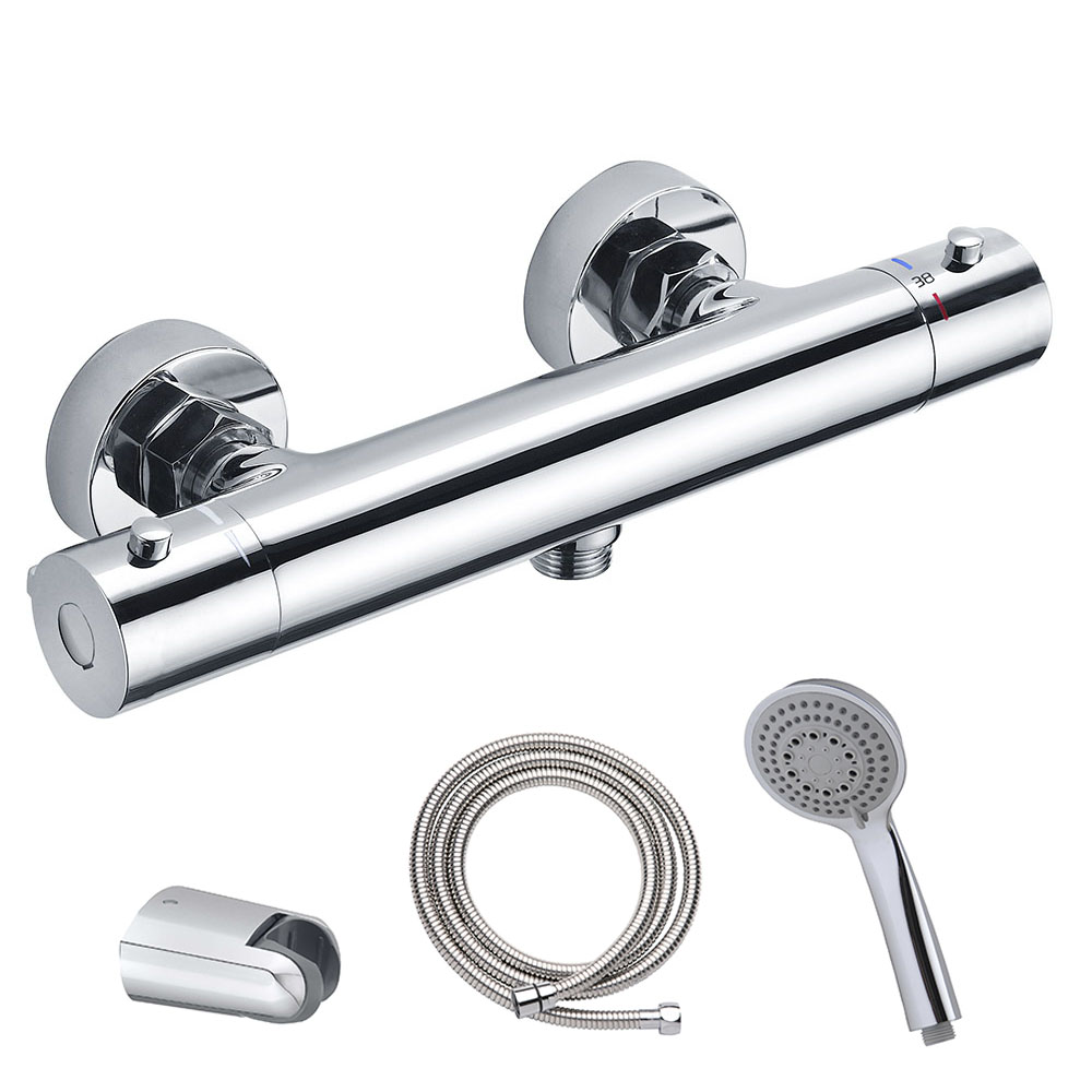 Kibath Grifo termostático para ducha ORT con barra. Incluye flexo de acero inoxidable, mango de ducha y soporte de ducha