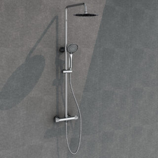 Kibath Columna de ducha termostática FER para ducha y bañera con grifo  termostático con repisa de cristal. Tubo extensible de 90 a 124cm. Rociador