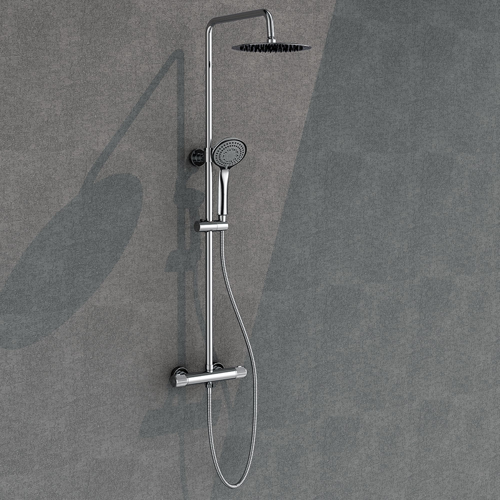 Columna de ducha extralarga MOL con grifo termostático y tubo redondo  extensible de 100 a 150 cm. ideal con bañera. Rociador y ducha de mano  cuadrados